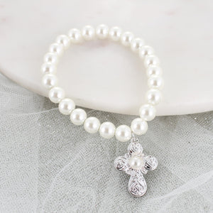 Silver Filigree & Pearl Cross Stretch Bracelet