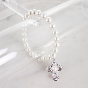 Silver Filigree & Pearl Cross Stretch Bracelet