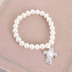 Silver Filigree & Pearl Cross Stretch Bracelet