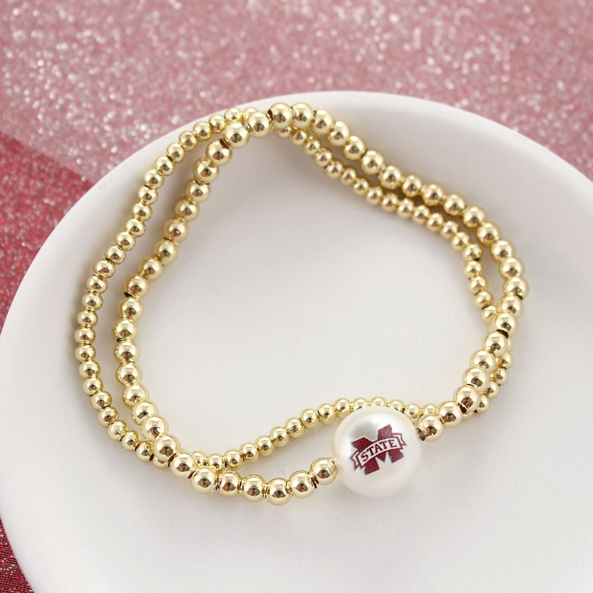 Mississippi State Gold & Pearl Logo Stretch Bracelet Set