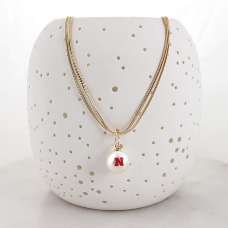 18" Nebraska Gold & Pearl Logo 3-Strand Necklace