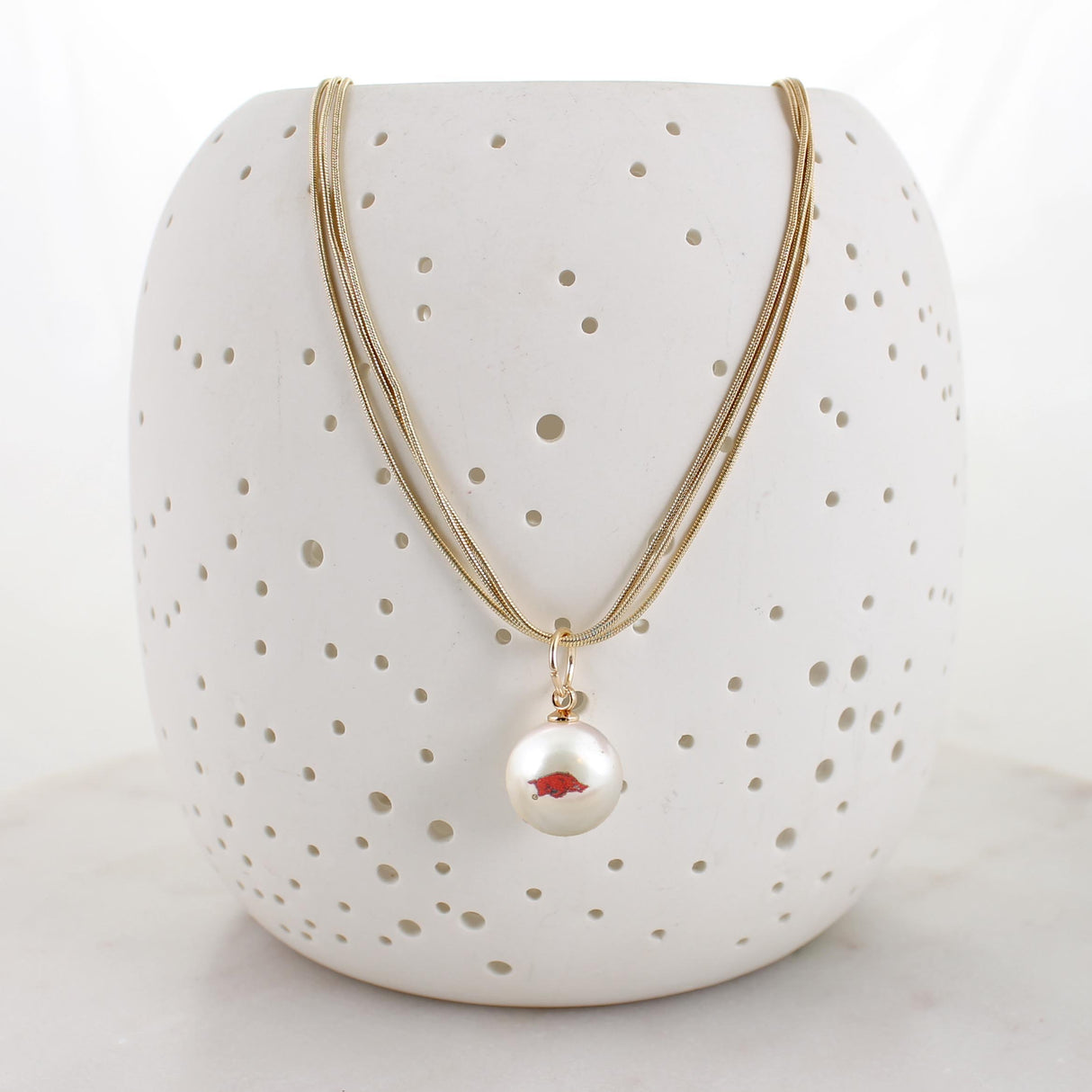 18" Arkansas Gold & Pearl Logo 3-Strand Necklace
