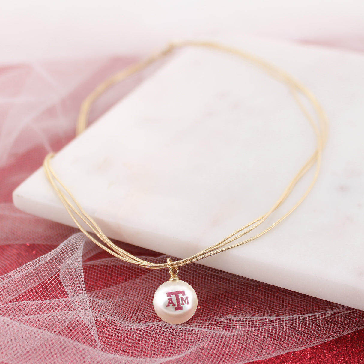 18" Texas A&M Gold & Pearl Logo 3-Strand Necklace