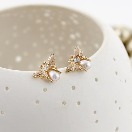 Gold and Pearl Bee Stud Earrings