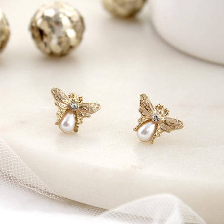 Gold and Pearl Bee Stud Earrings