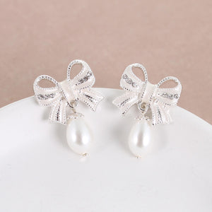 Crystal Bow w/ Dangle Pearl Earrings