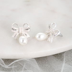 Crystal Bow w/ Dangle Pearl Earrings