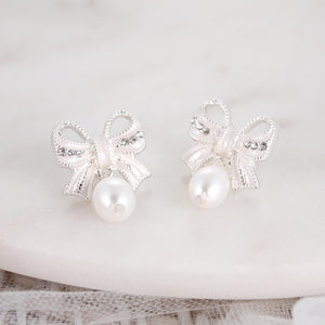 Crystal Bow w/ Dangle Pearl Earrings