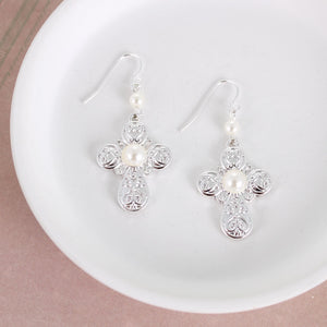 Silver Filigree & Pearl Cross Earrings