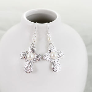 Silver Filigree & Pearl Cross Earrings