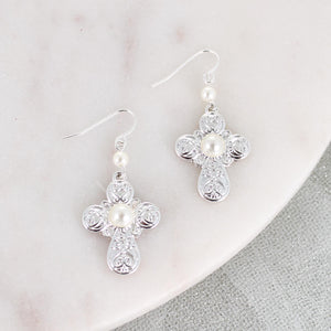 Silver Filigree & Pearl Cross Earrings