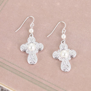 Silver Filigree & Pearl Cross Earrings