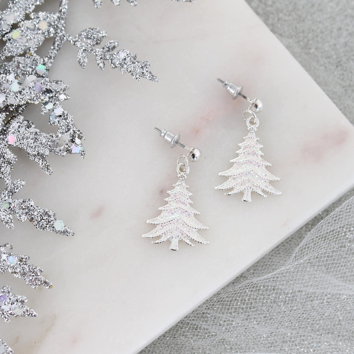White Glitter Enamel Christmas Tree Earrings