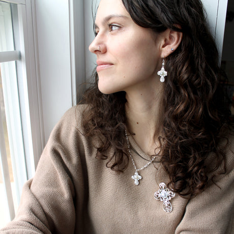 Silver Filigree & Pearl Cross Earrings