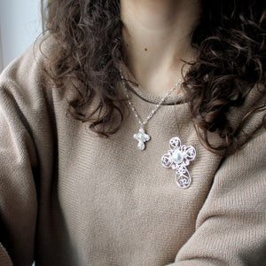 Silver Filigree & Pearl Cross Necklace