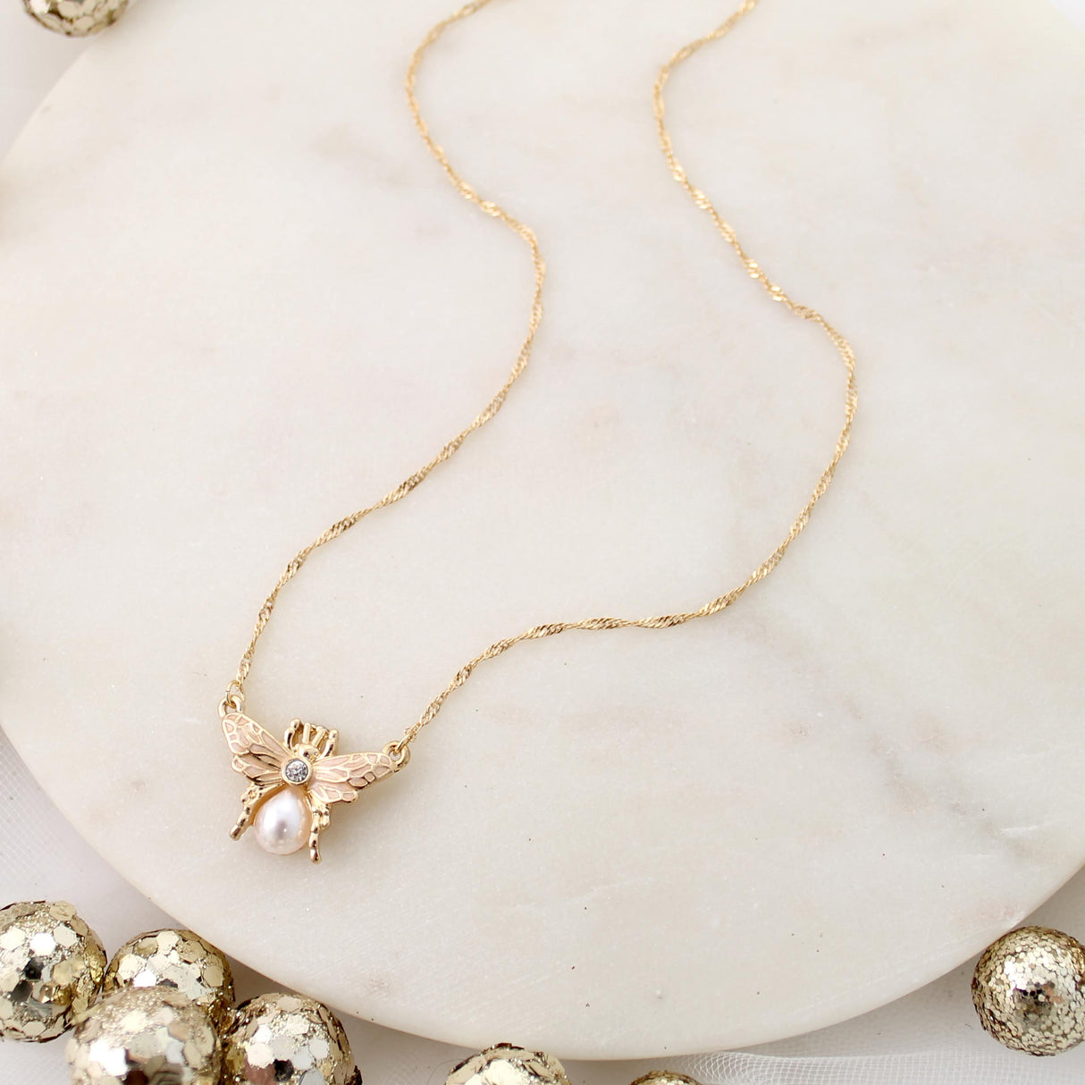 Gold and Pearl Bee Necklace