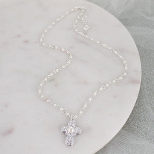 Silver Filigree & Pearl Cross Necklace