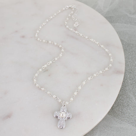 Silver Filigree & Pearl Cross Necklace