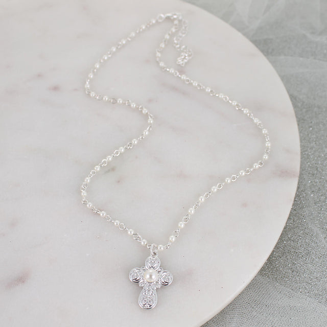 Silver Filigree & Pearl Cross Necklace