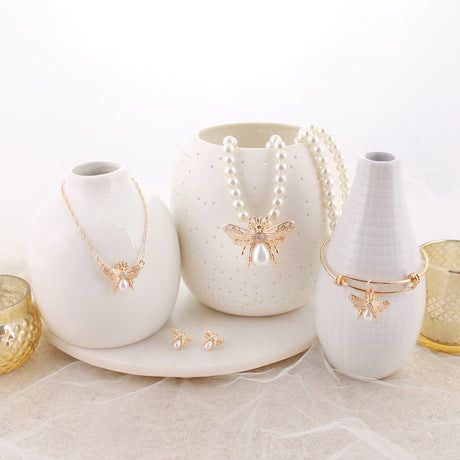 Gold and Pearl Bee Bangle Bracelet