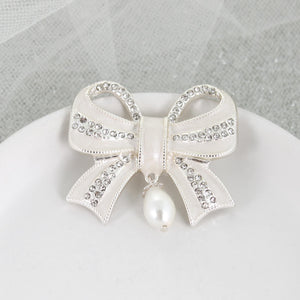 Crystal Bow w/ Dangle Pearl Pendant