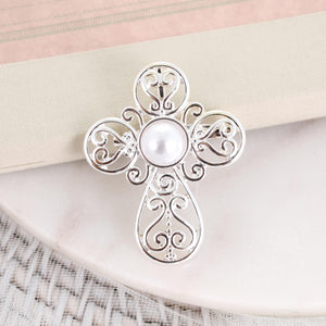 Silver Filigree & Pearl Cross Pin/Pendant