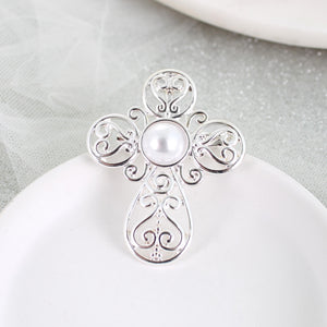 Silver Filigree & Pearl Cross Pin/Pendant