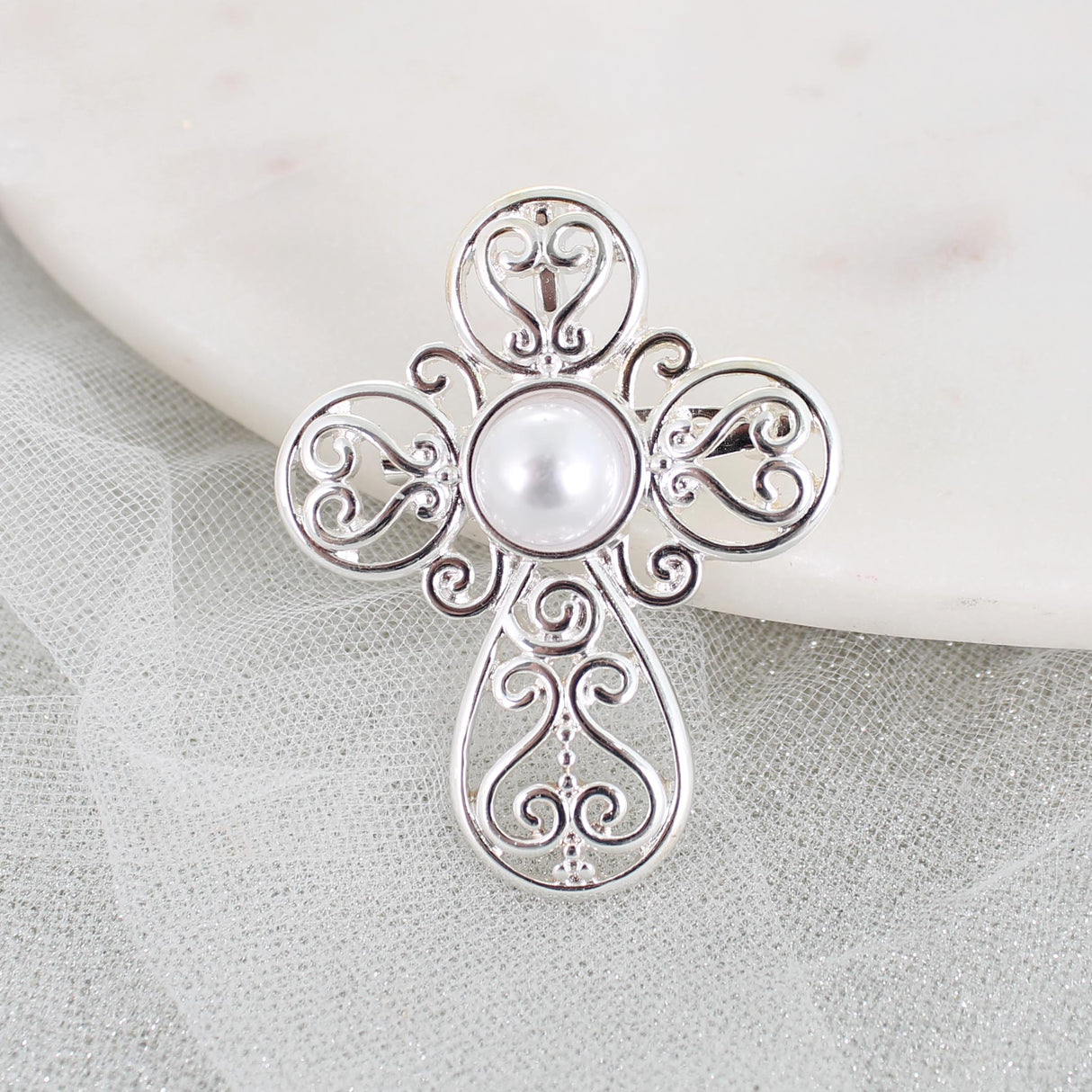Silver Filigree & Pearl Cross Pin/Pendant