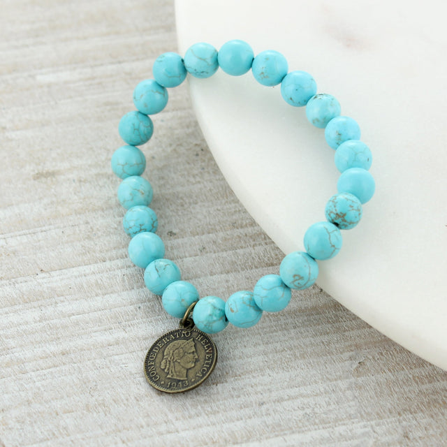 Turquoise Stone & Coin Stretch Bracelet