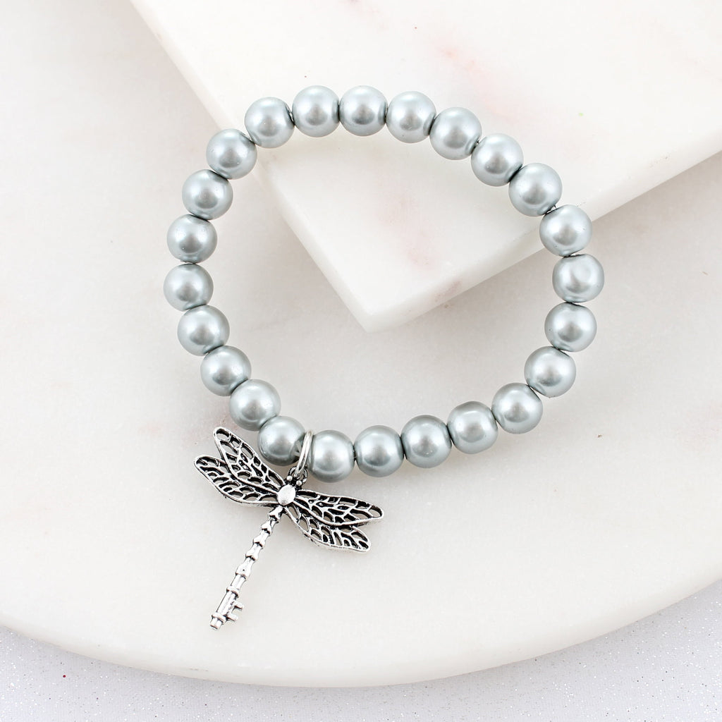 Silver & Pearl Dragonfly Key Stretch Bracelet