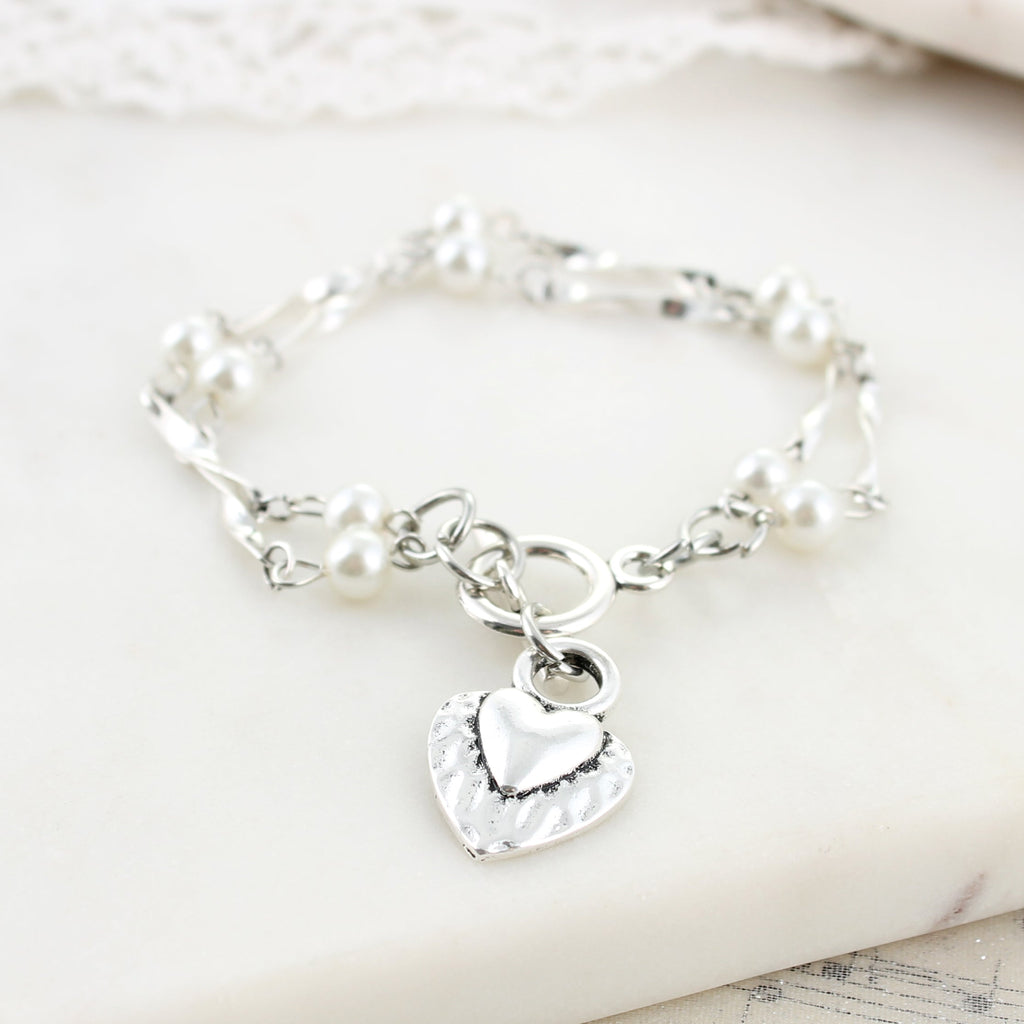 Silver Heart & Pearl Toggle Bracelet