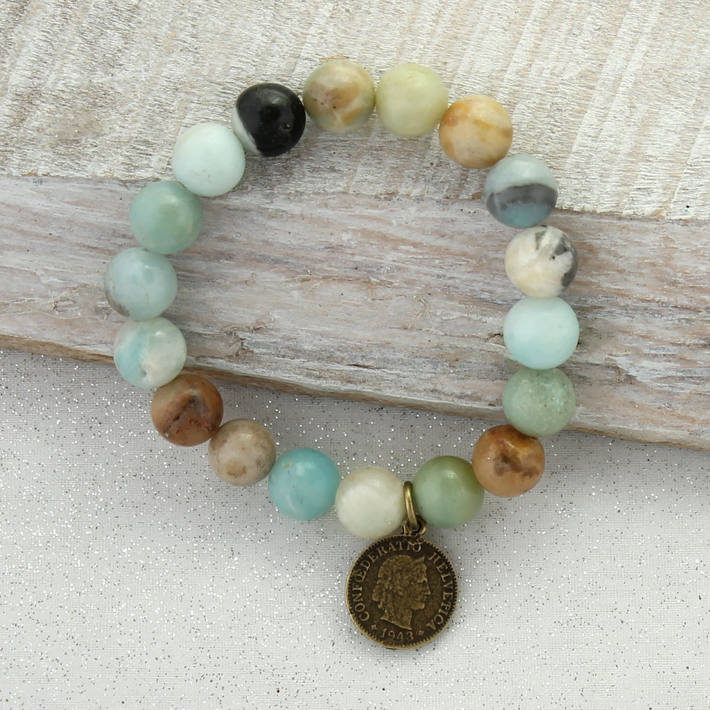 Natural Stone Bracelet with Vintage Style Coin