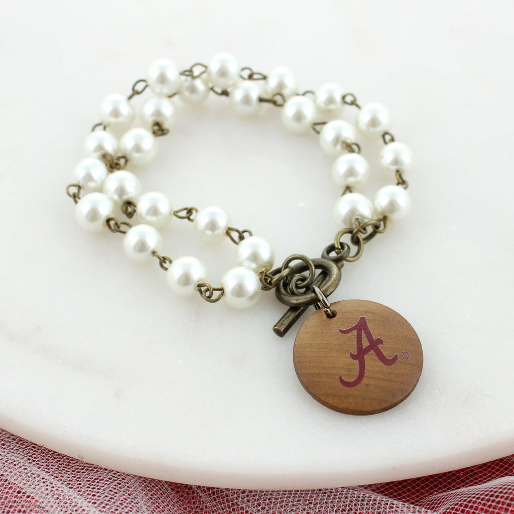 Alabama Logo Pearl & Wood Disc Toggle Bracelet