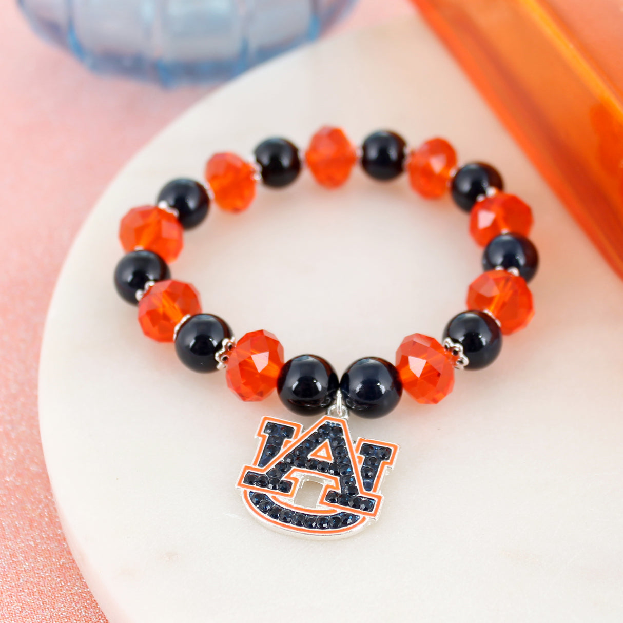 Auburn Pearl & Crystal Stretch Bracelet w/ Crystal Logo