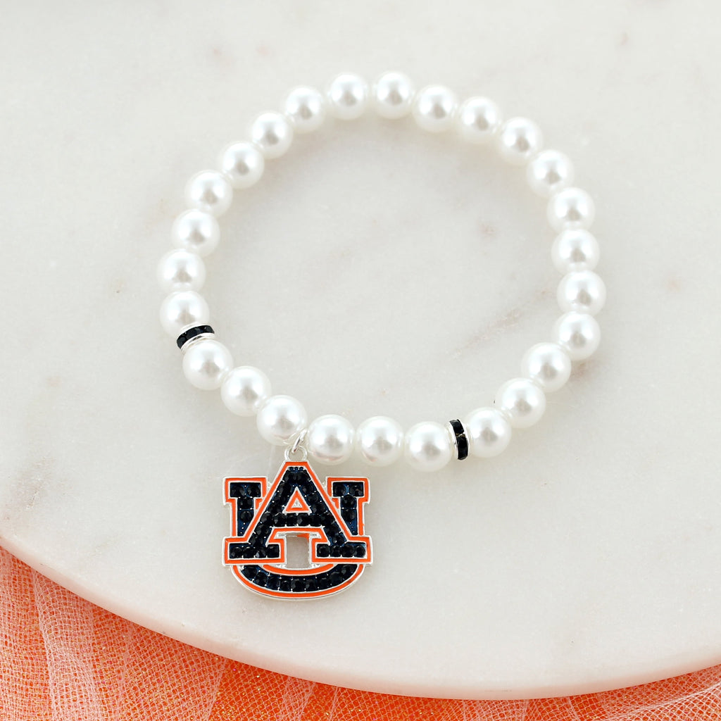 Auburn Pearl & Crystal Logo Stretch Bracelet