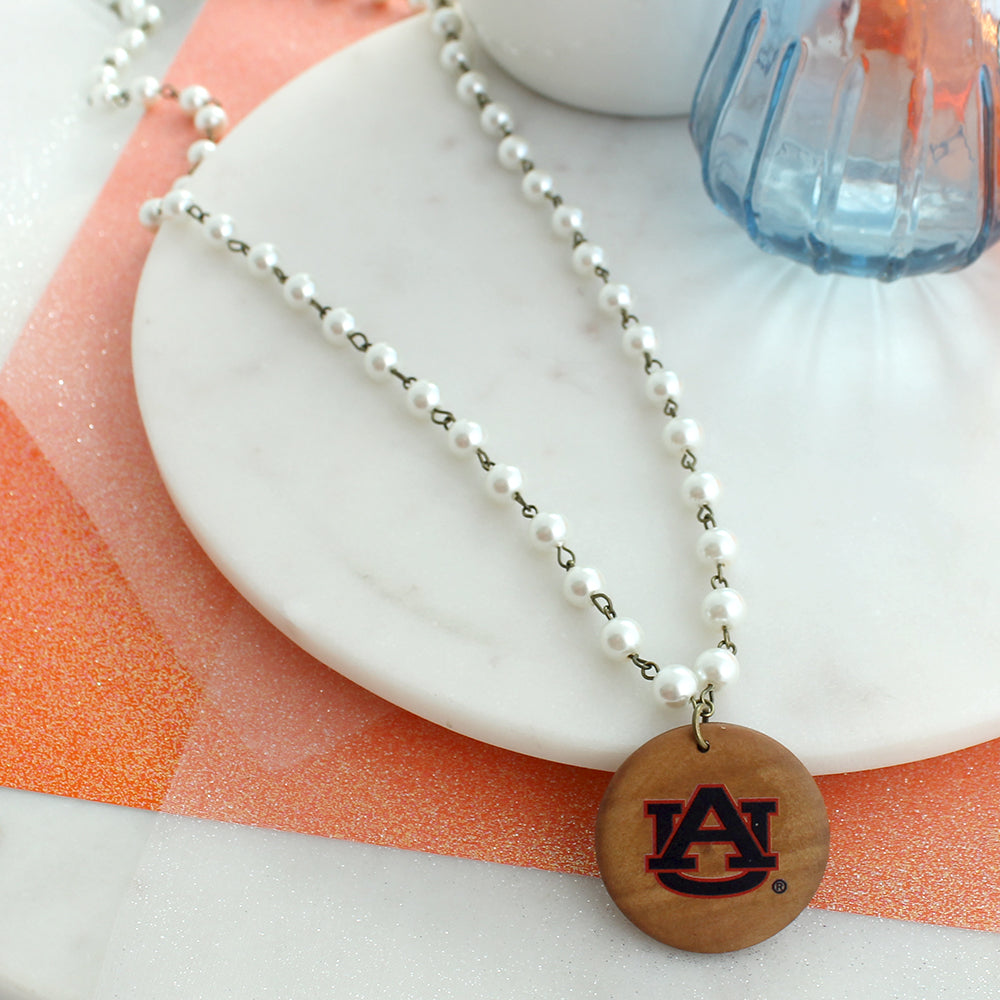 34” Auburn Logo Pearl & Wood Disc Necklace