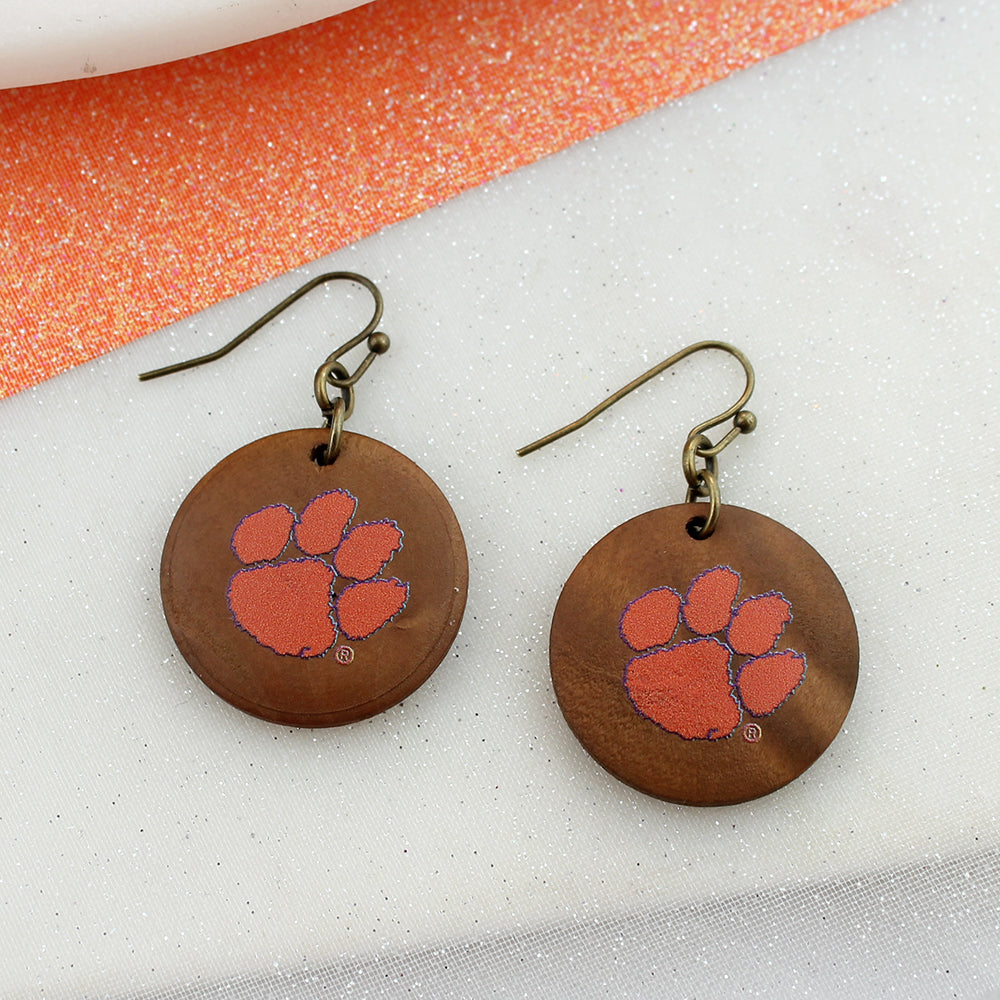 Clemson Logo Wood Disc Earrings