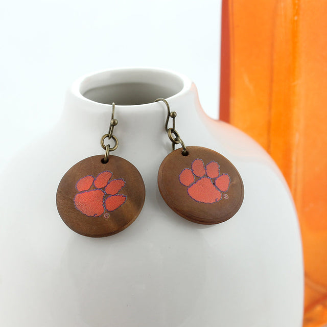 Clemson Logo Wood Disc Earrings