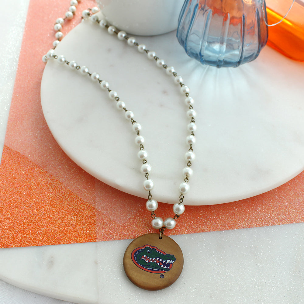 34” Florida Logo Pearl & Wood Disc Necklace