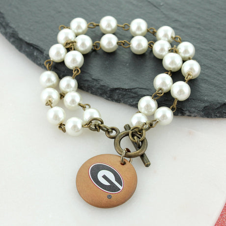 Georgia Logo Pearl & Wood Disc Toggle Bracelet