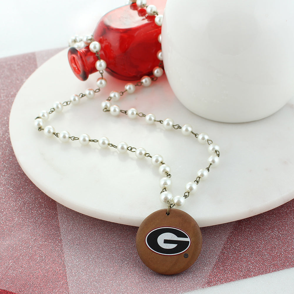 34” Georgia Logo Pearl & Wood Disc Necklace