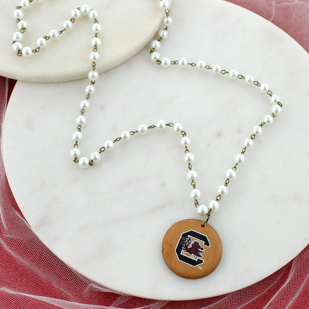 34” South Carolina Logo Pearl & Wood Disc Necklace