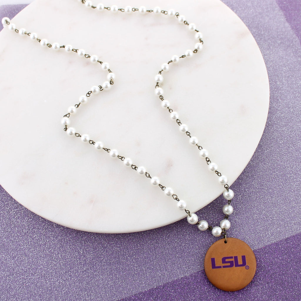 34” LSU Logo Pearl & Wood Disc Necklace