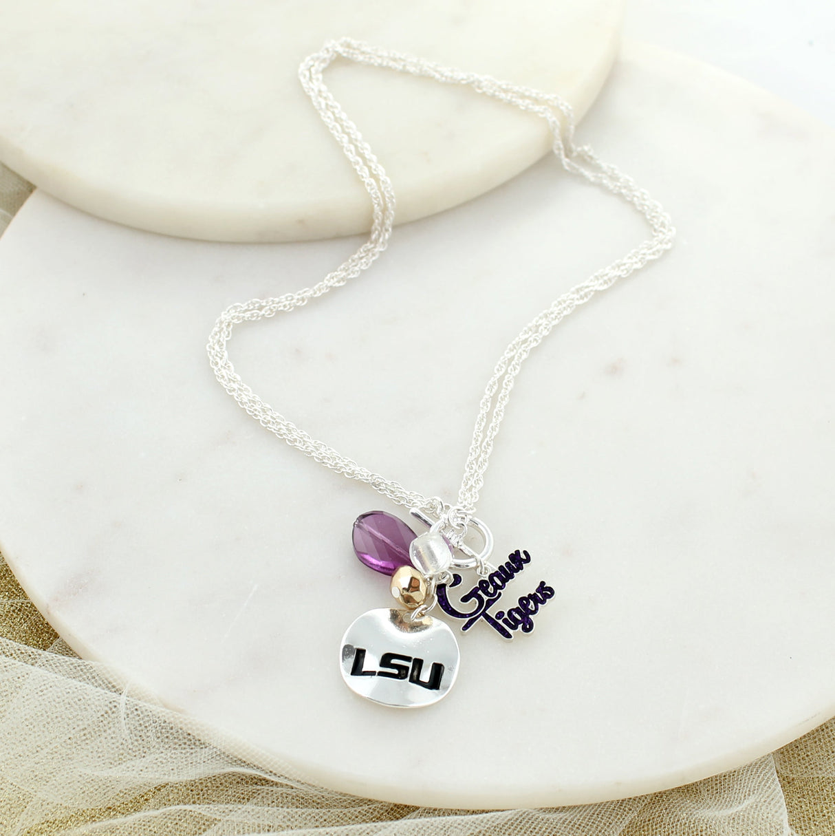 18 - 36” LSU Logo Disc & Slogan Cluster Convertible Necklace