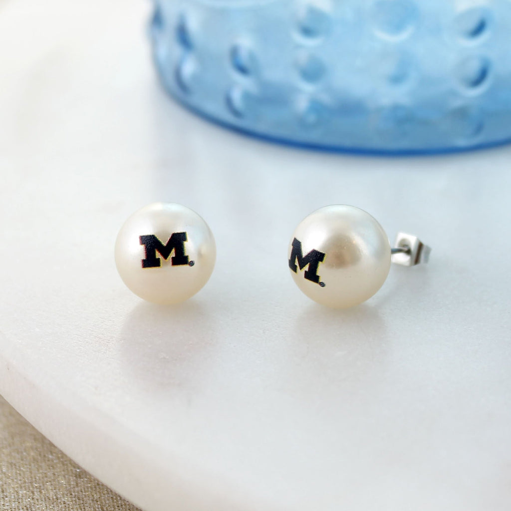 Michigan Logo Pearl Stud Earrings