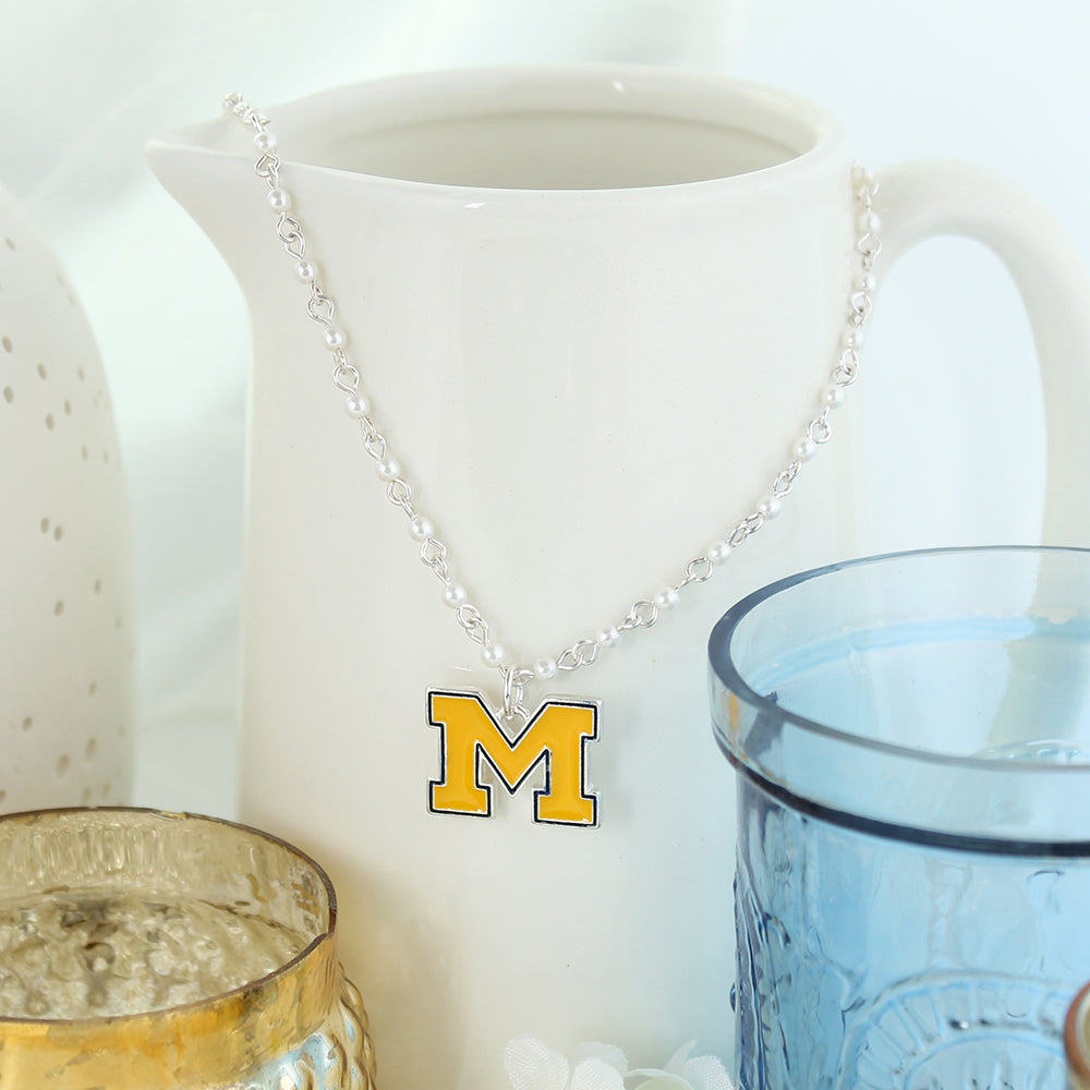 Michigan Enamel Logo & Pearl Necklace