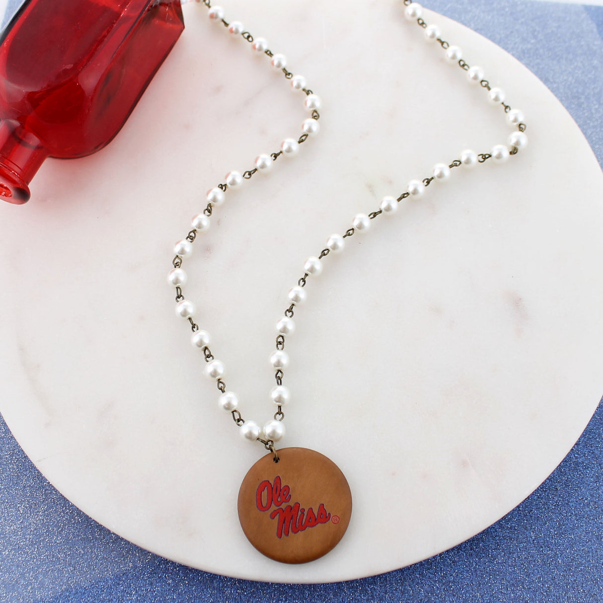 34” Mississippi Logo Pearl & Wood Disc Necklace