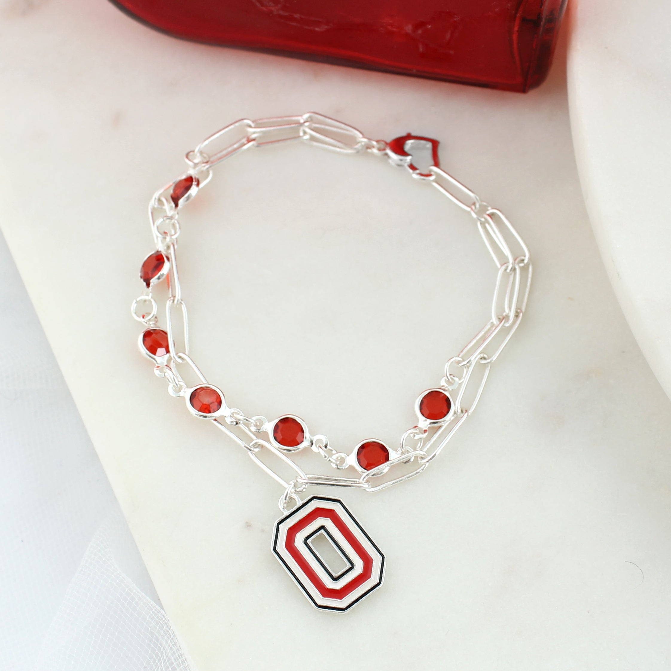 Silver Red Enamel Paperclip Bracelet