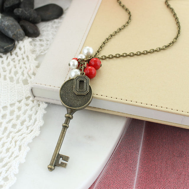 36” Ohio State Vintage Style Logo w/ Key and Pearl Cluster Necklace