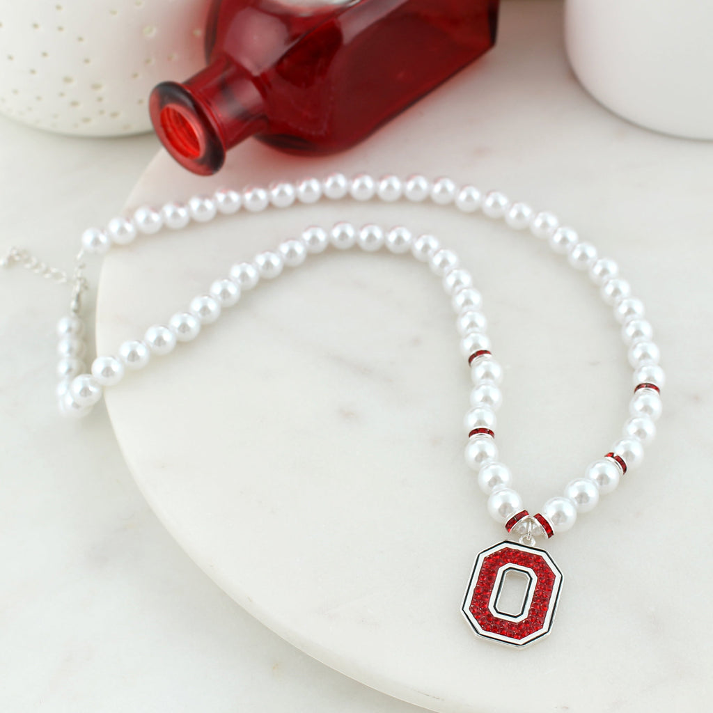 20 - 22” Ohio State Pearl & Crystal Logo Necklace